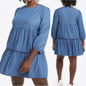 Draper James Tiered Trapeze Dress 1X Chambray Blue Cotton Coastal Boho Beach